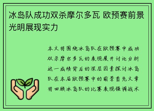 冰岛队成功双杀摩尔多瓦 欧预赛前景光明展现实力