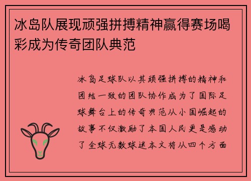 冰岛队展现顽强拼搏精神赢得赛场喝彩成为传奇团队典范