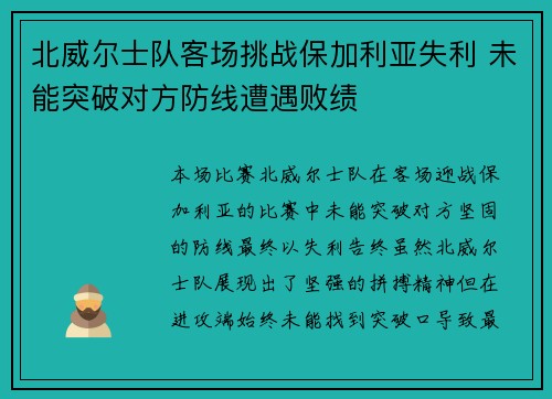 北威尔士队客场挑战保加利亚失利 未能突破对方防线遭遇败绩