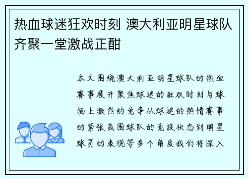 热血球迷狂欢时刻 澳大利亚明星球队齐聚一堂激战正酣